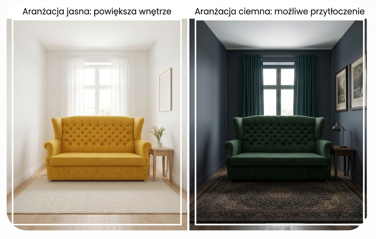 arnżacja porównawcza pokazująca wpływ koloru na odczucie wielkości wnetrza